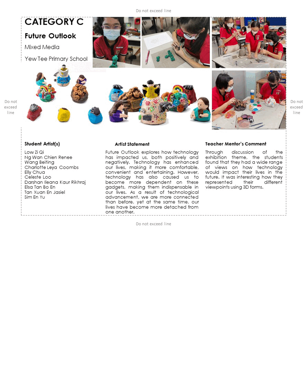 Category C Future Outlook mixed media entry from Yew Tee Primary School showing students creating 3D clay sculptures.